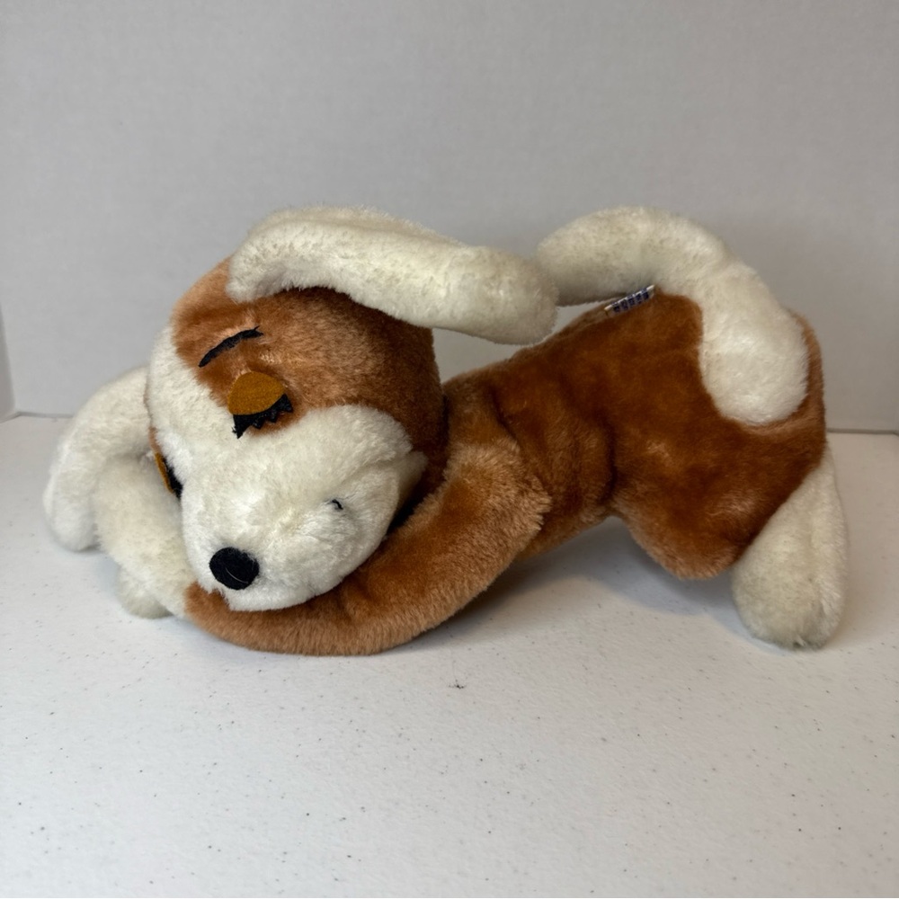 Sleeping Plush Dog Toy by Dakin- Brown and White 1970s